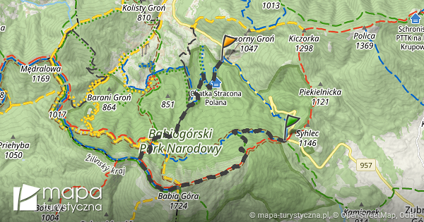 Trasa Przełęcz Krowiarki Zawoja Policzne granica Parku mapa