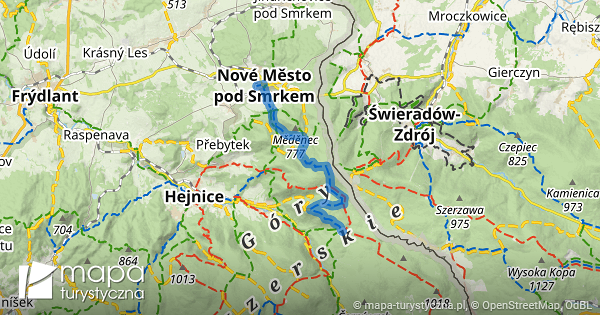 Niebieski szlak turystyczny Nové Město pod Smrkem Předěl mapa