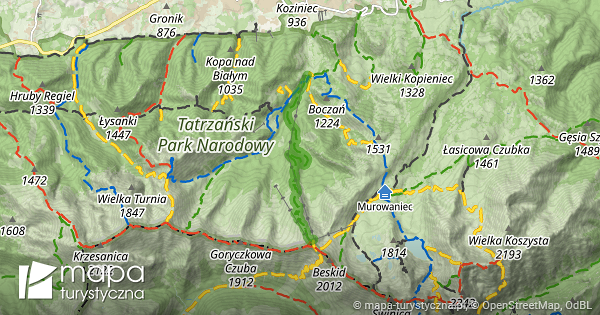 Zielony szlak turystyczny Kuźnice Kasprowy Wierch mapa turystyczna pl