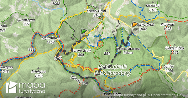 Trasa Rozejście szlaków Zawoja Policzne mapa turystyczna pl