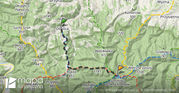 trasa obidza zarębki schronisko pttk przehyba mapa turystyczna pl