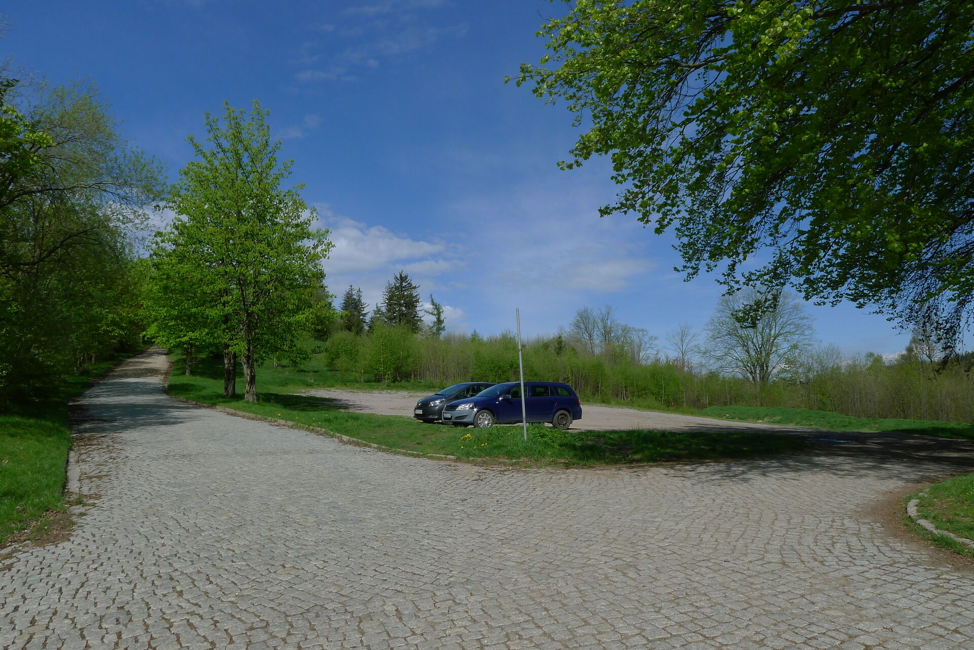 parking leśny pusty w maju początek szlaku na Chełmiec