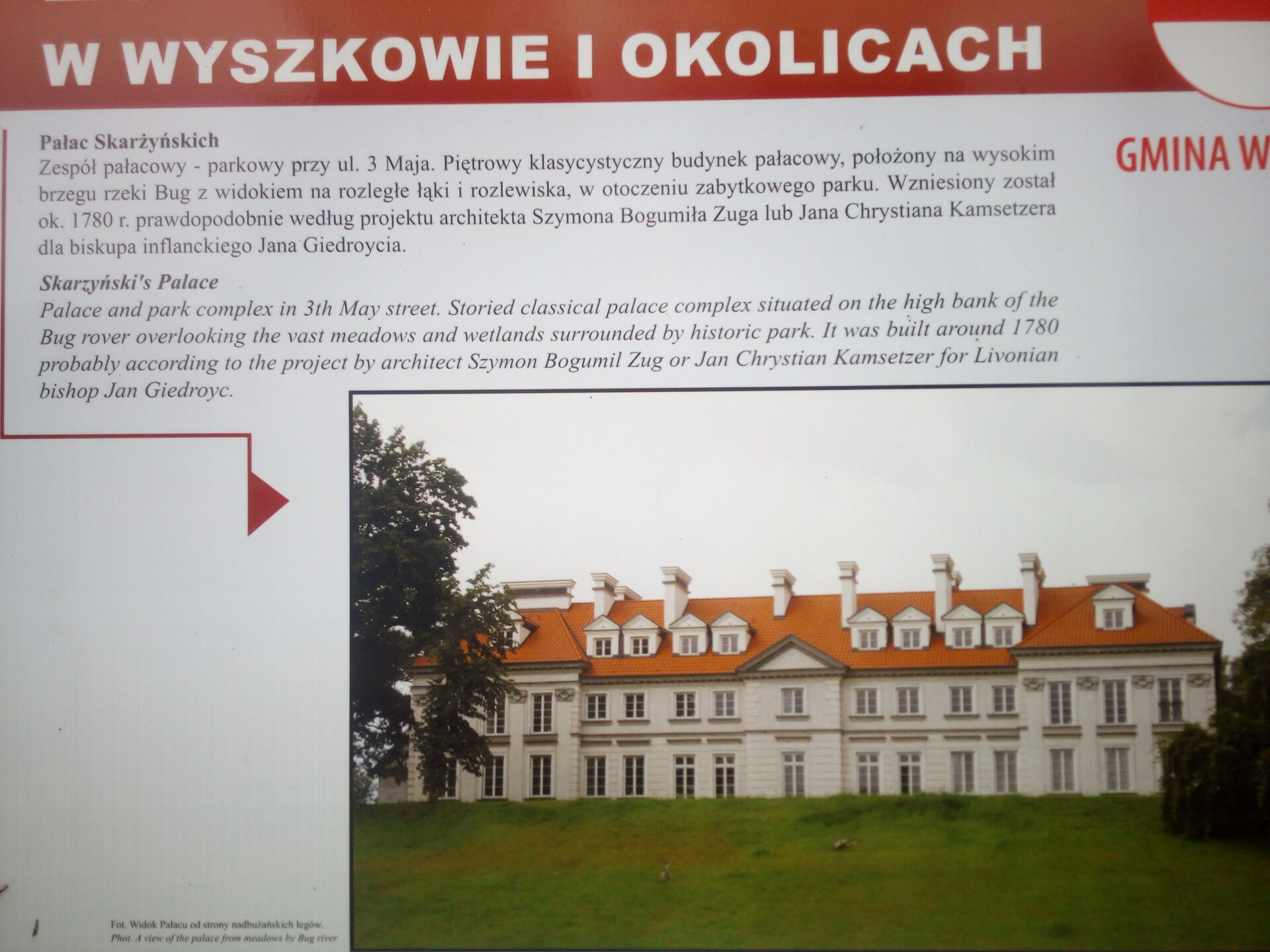 Tablica informacyjna przy Pałacu Skarżyńskich w Wyszkowie.